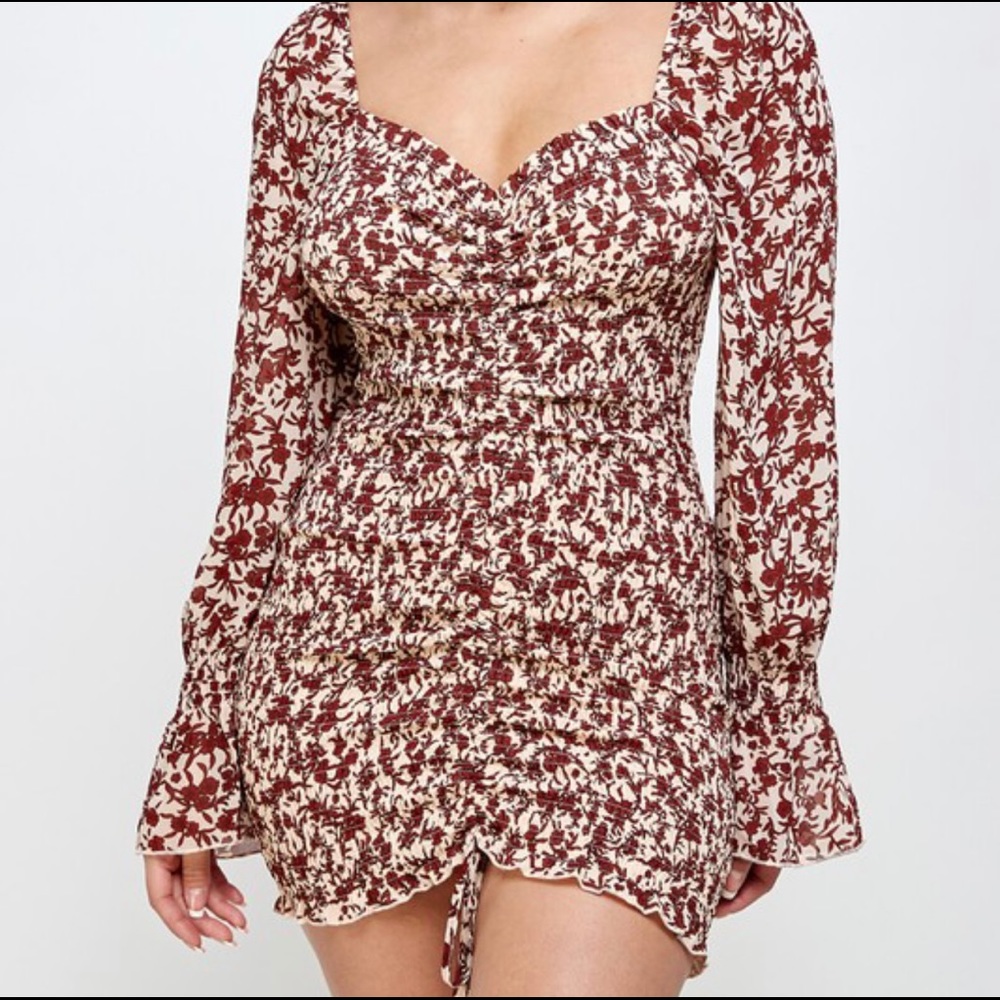 Floral smocked off shoulder dress.